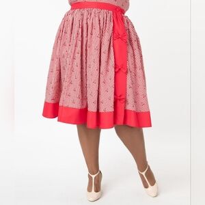 Unique Vintage Red Gingham & Cherry Print Rye Swing Skirt